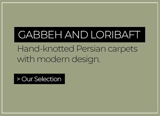 Gabbeh and Loribaft: Handknotted persian carpets with modern design.